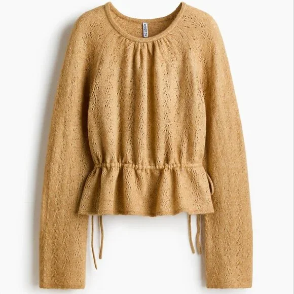 NEW H&M Pointelle-Knit Peplum Top Beige Size Medium - Picture 3 of 11